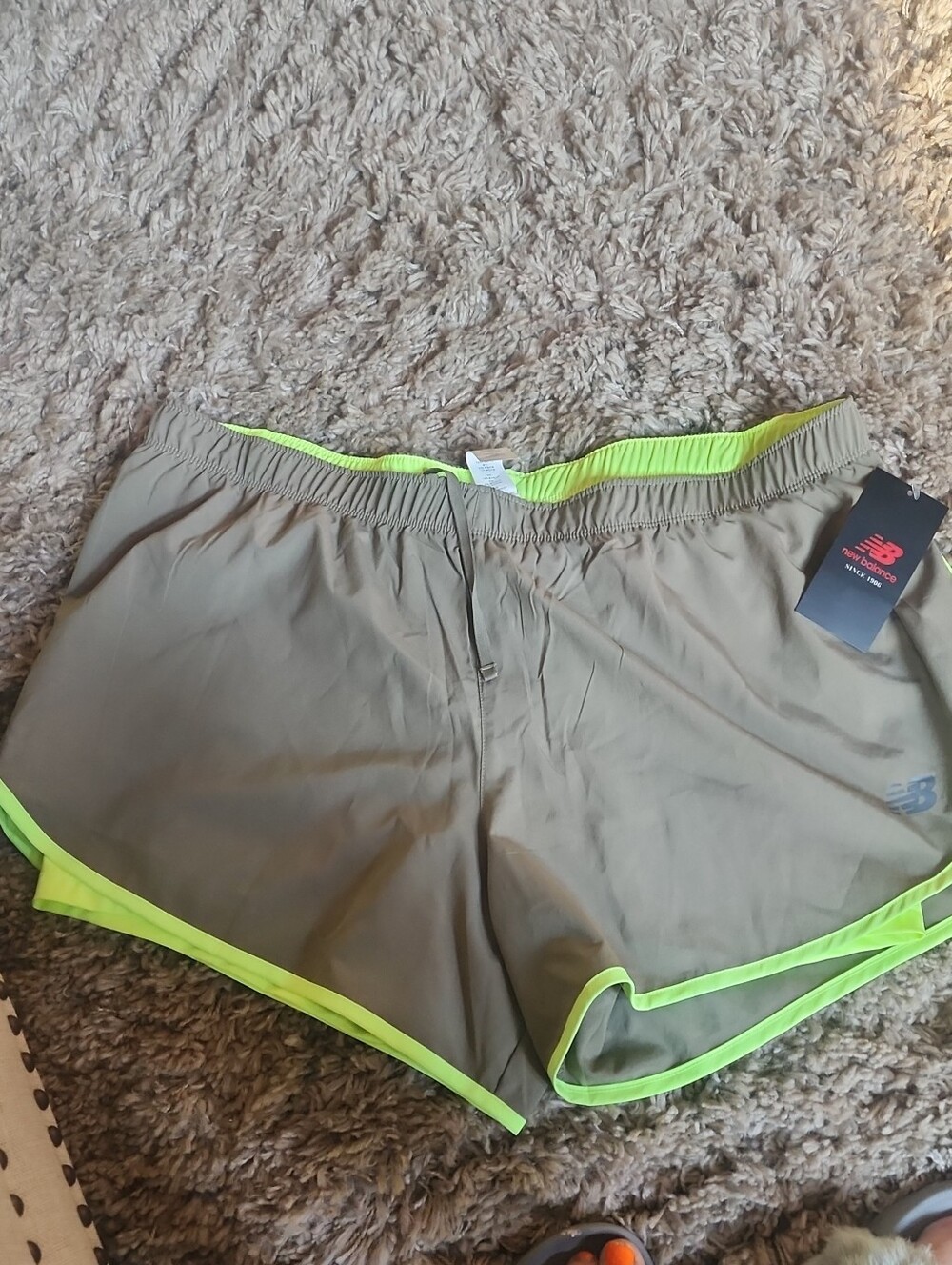 New Balance Women's Olive Nylon Athletic Shorts With Neon Green Trim And Short